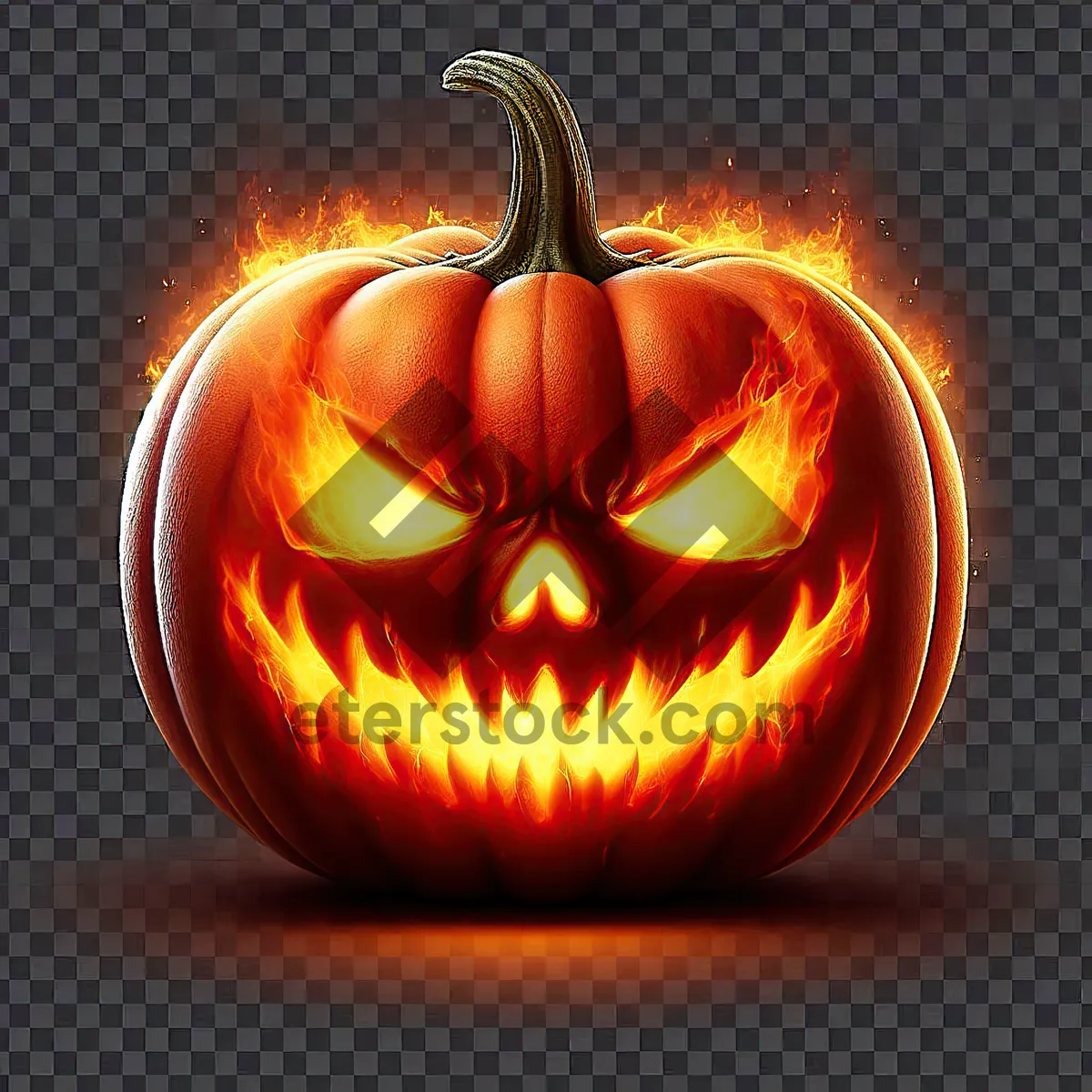 Picture of Bright orange pumpkin with carved sinister face, lit from inside by fire, creates burning jack-o'-lantern effect on transparent background, png format. AI, Generation, Illustration