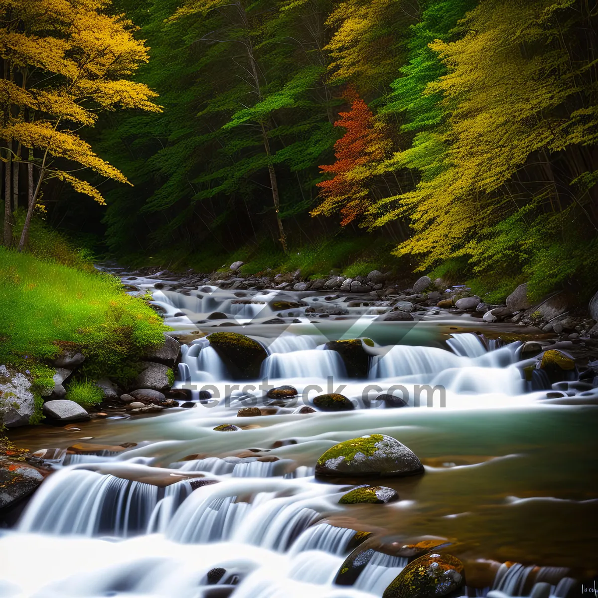 Picture of Idyllic autumn waterfall in serene mountain landscape