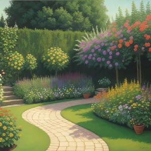 Tranquil Garden Landscape with Lush Trees and Vibrant Flowers