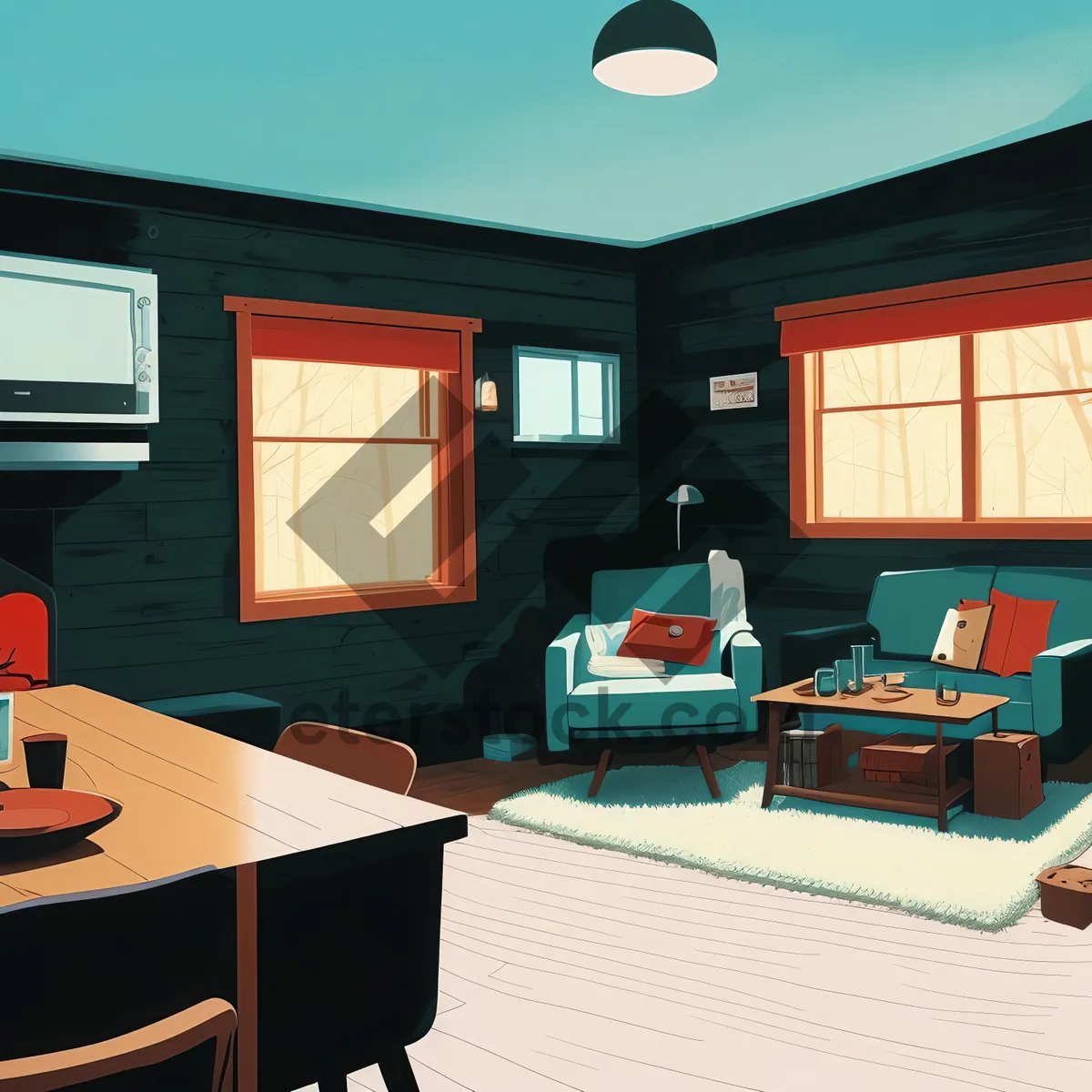 Picture of Modern Luxury Living Room with Fireplace and Wood Furniture