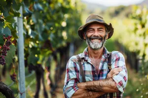 Happy farmer man portrait outdoors smiling face.