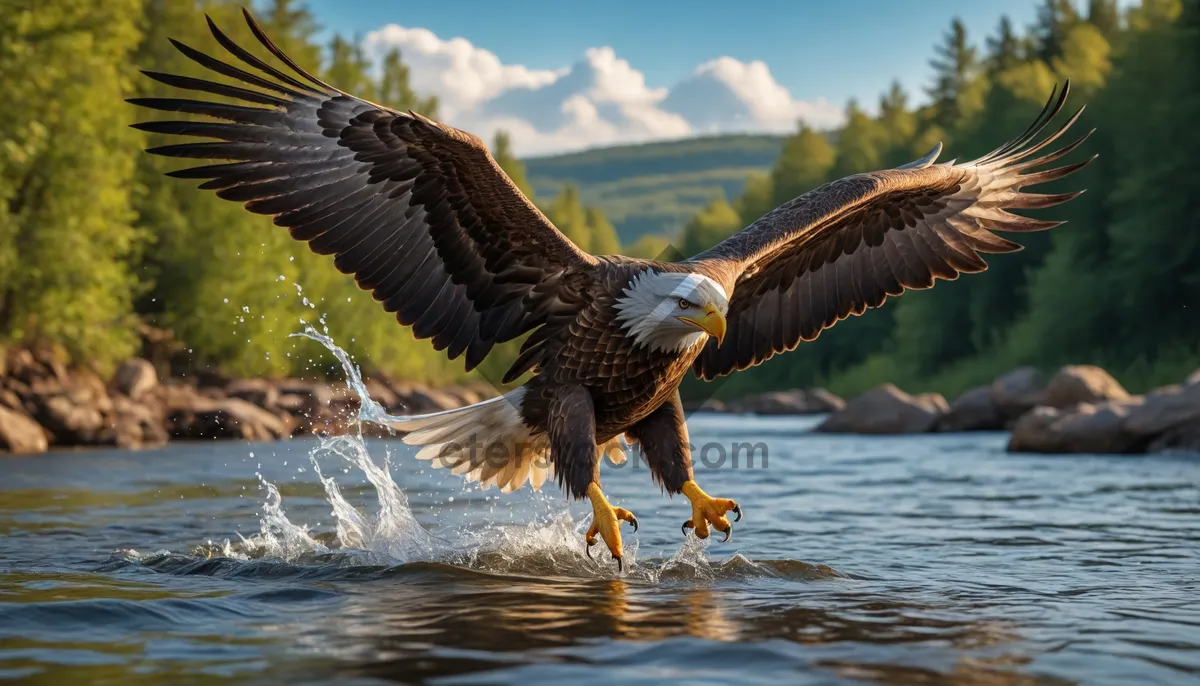 Picture of Flying bald eagle over water catching prey.