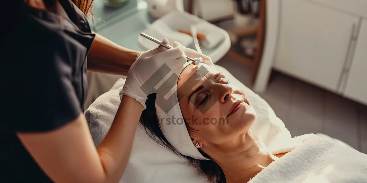 Picture of Happy woman at health spa receiving hair treatment.