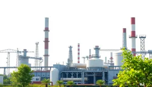 Industrial energy tower against clear sky with mosque