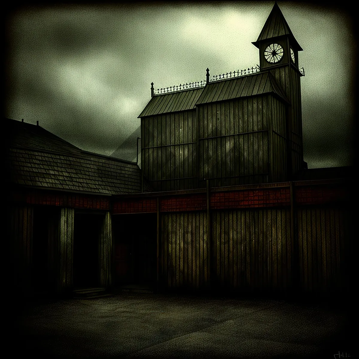 Picture of Nighttime Cityscape with Old Church and Fence by the Barn