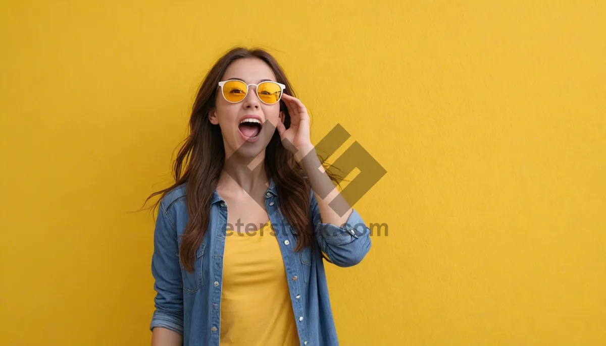 Picture of Happy brunette model in sunglasses smiling in studio portrait.