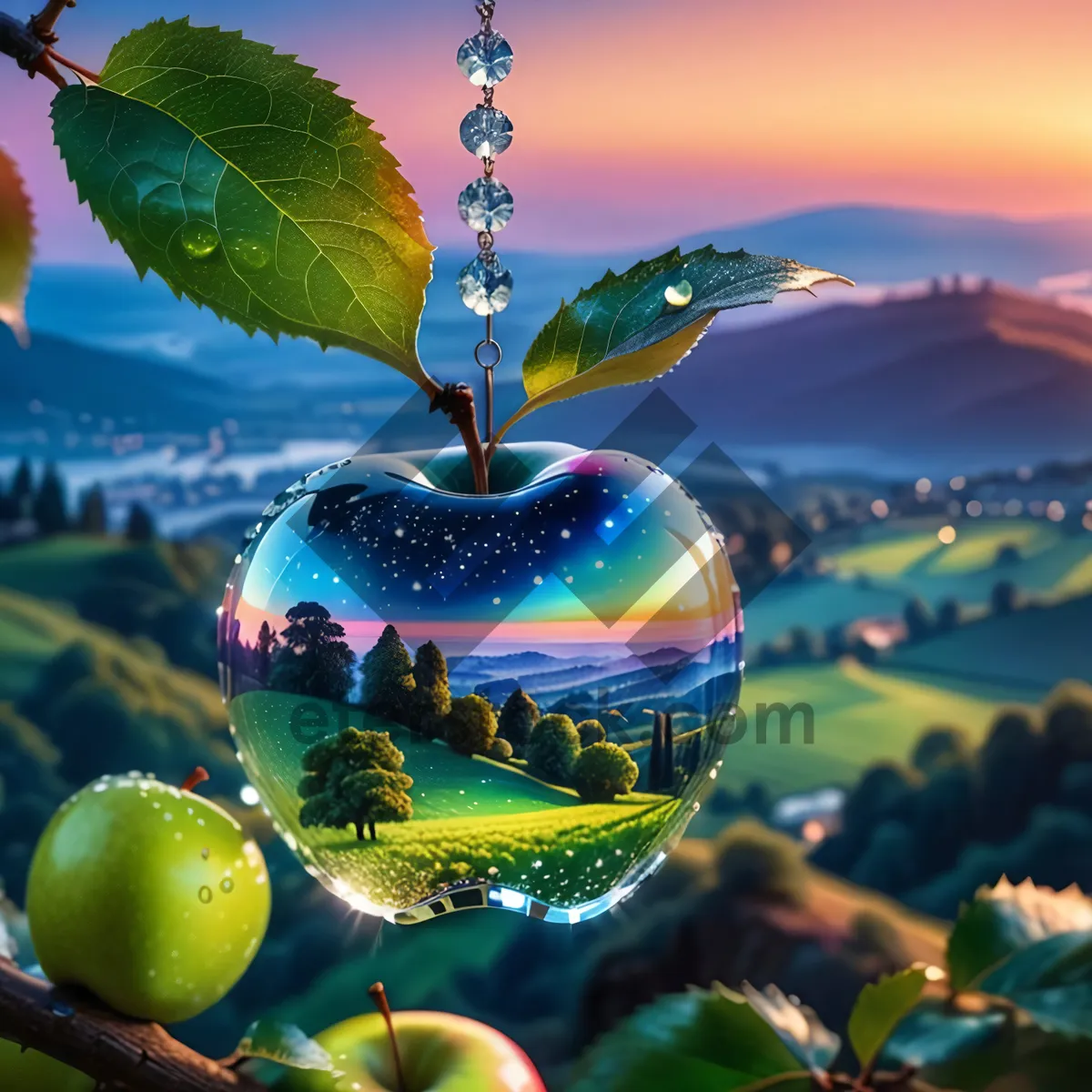 Picture of Fresh and healthy golden delicious apple on tree branch