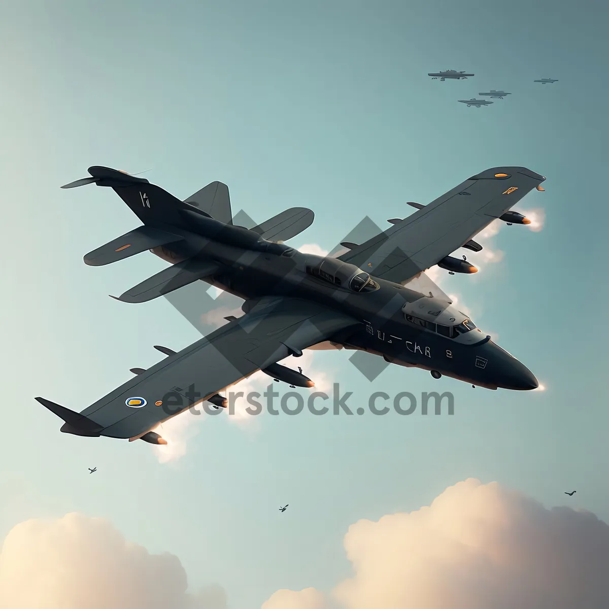 Picture of Speedy jet aircraft in flight silhouette skyline, air travel.