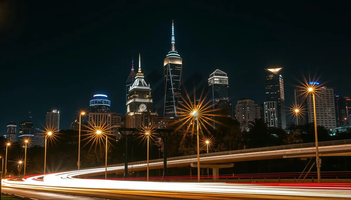 Picture of Modern city skyline at night with ferris wheel