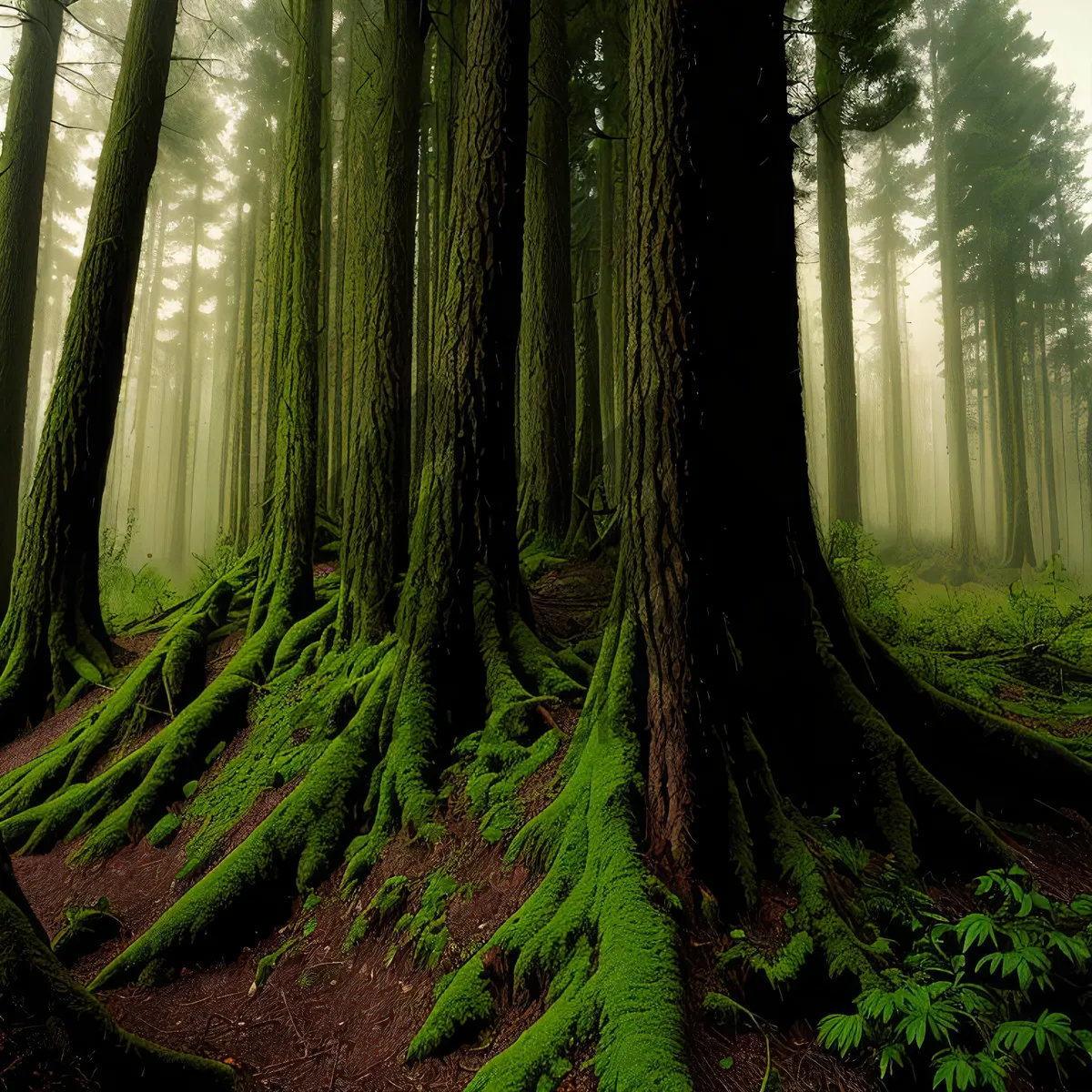 Picture of Serene Forest Scene with Lush Foliage and Majestic Trees