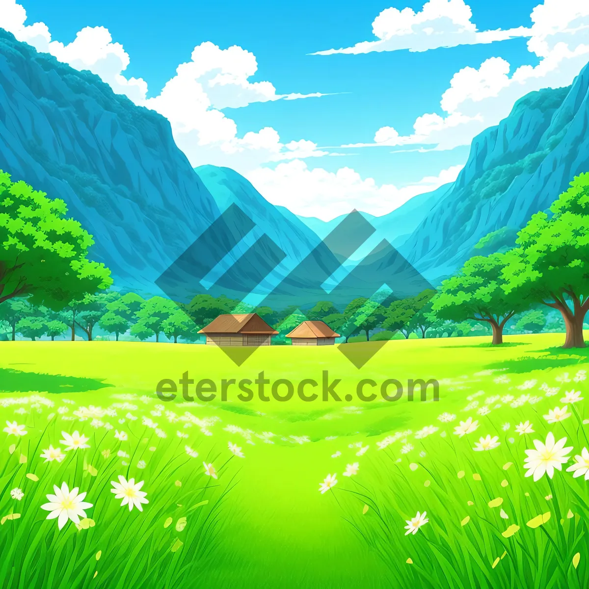 Picture of Idyllic Countryside Meadow under Clear Blue Skies