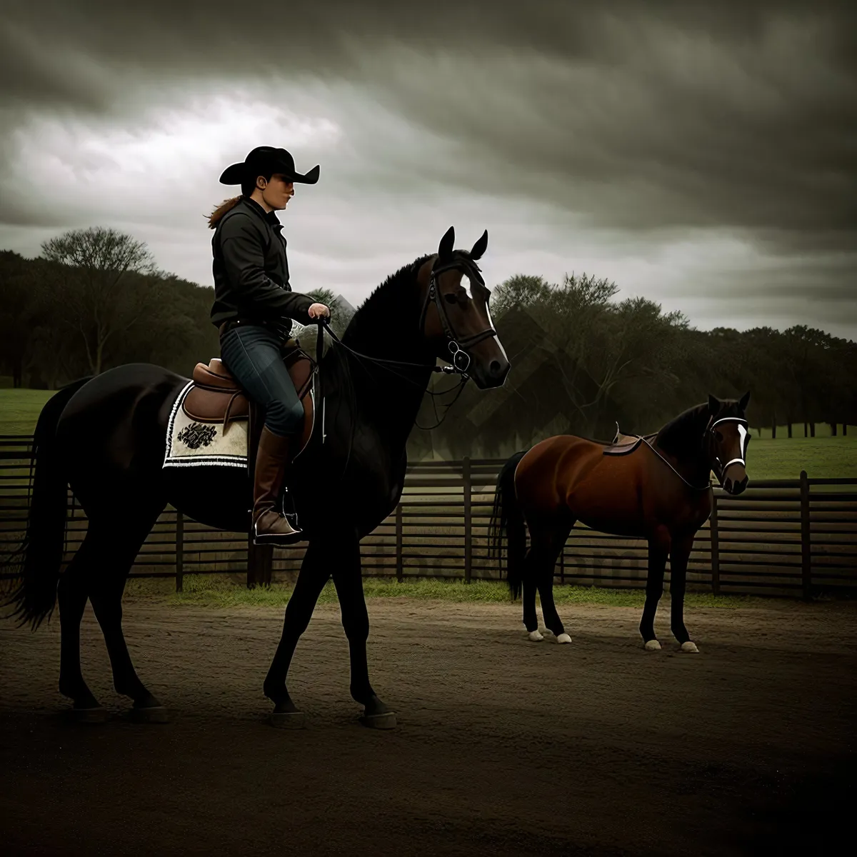 Picture of Cowboy riding stallion with saddle, embodying equestrian sport.