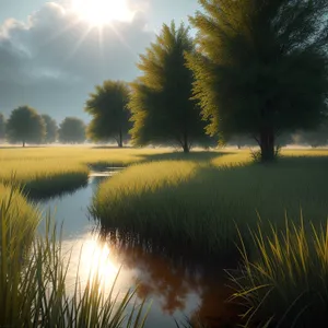 Serene Sunset over Lush Meadow and Reflecting Lake