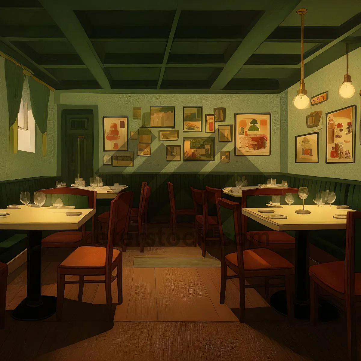 Picture of Modern luxury restaurant interior design with wooden furniture.