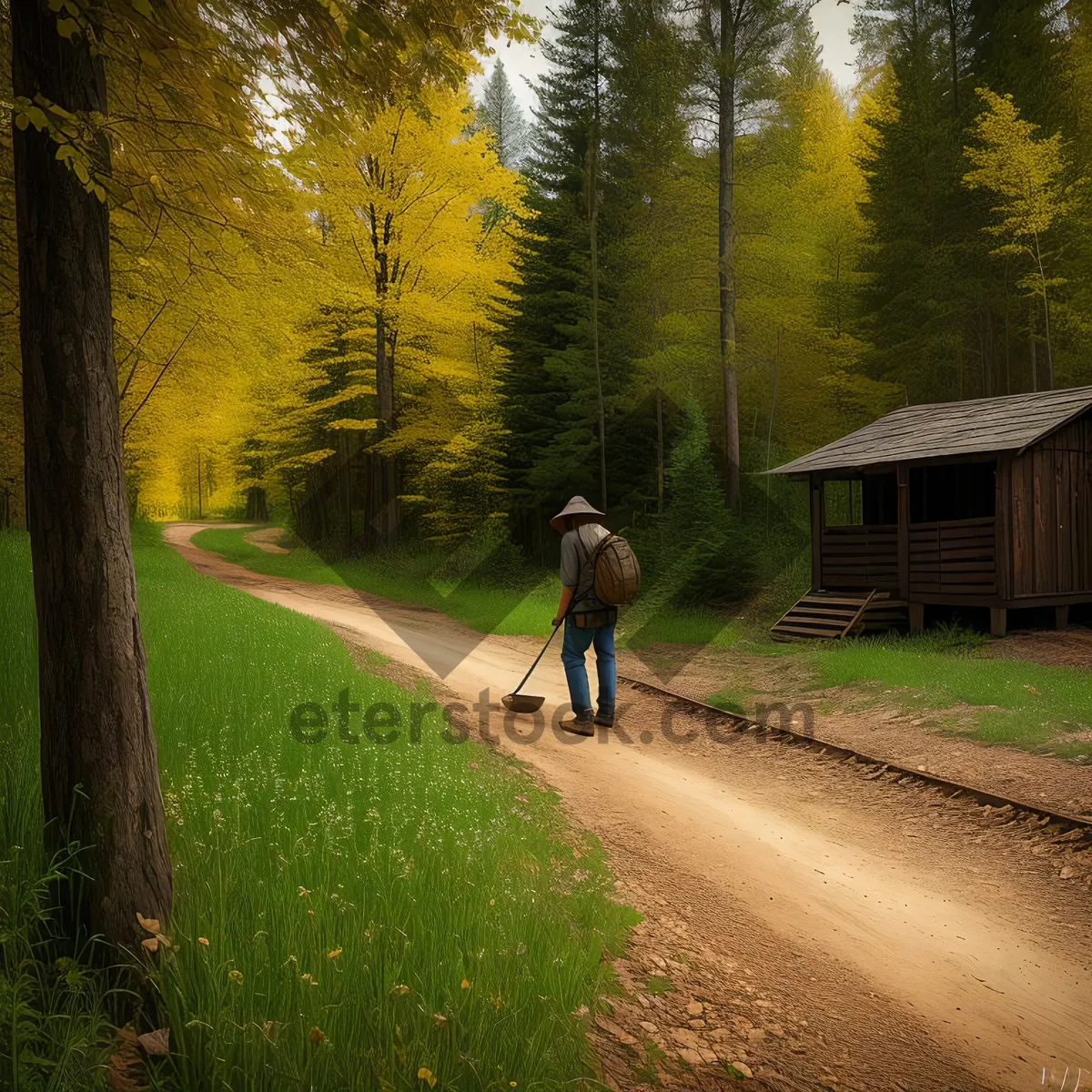Picture of Man Walking through Serene Forest Landscape