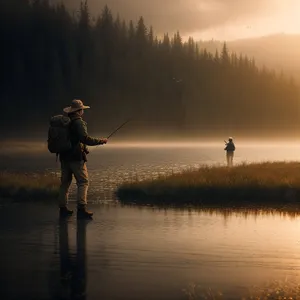 Lake Sunset Reflection with Fisherman