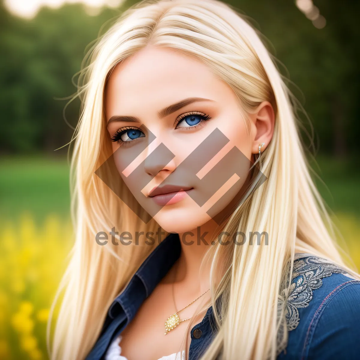 Picture of Smiling Blond Woman with Dandelion in Outdoor Portraits