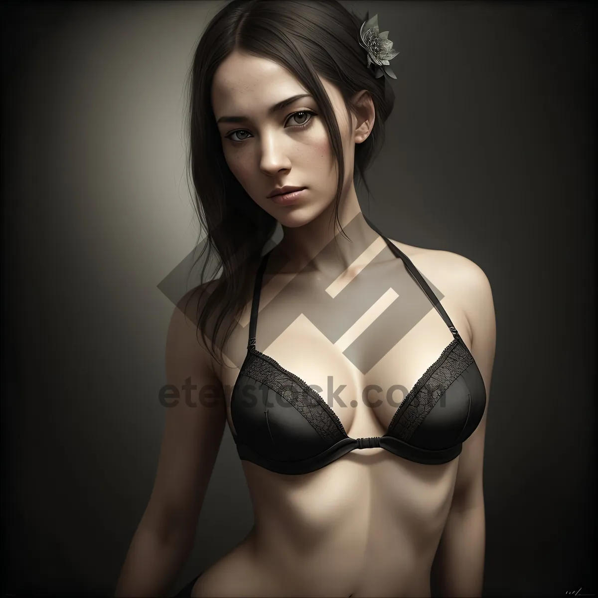 Picture of Seductive lingerie model flaunting black bra.