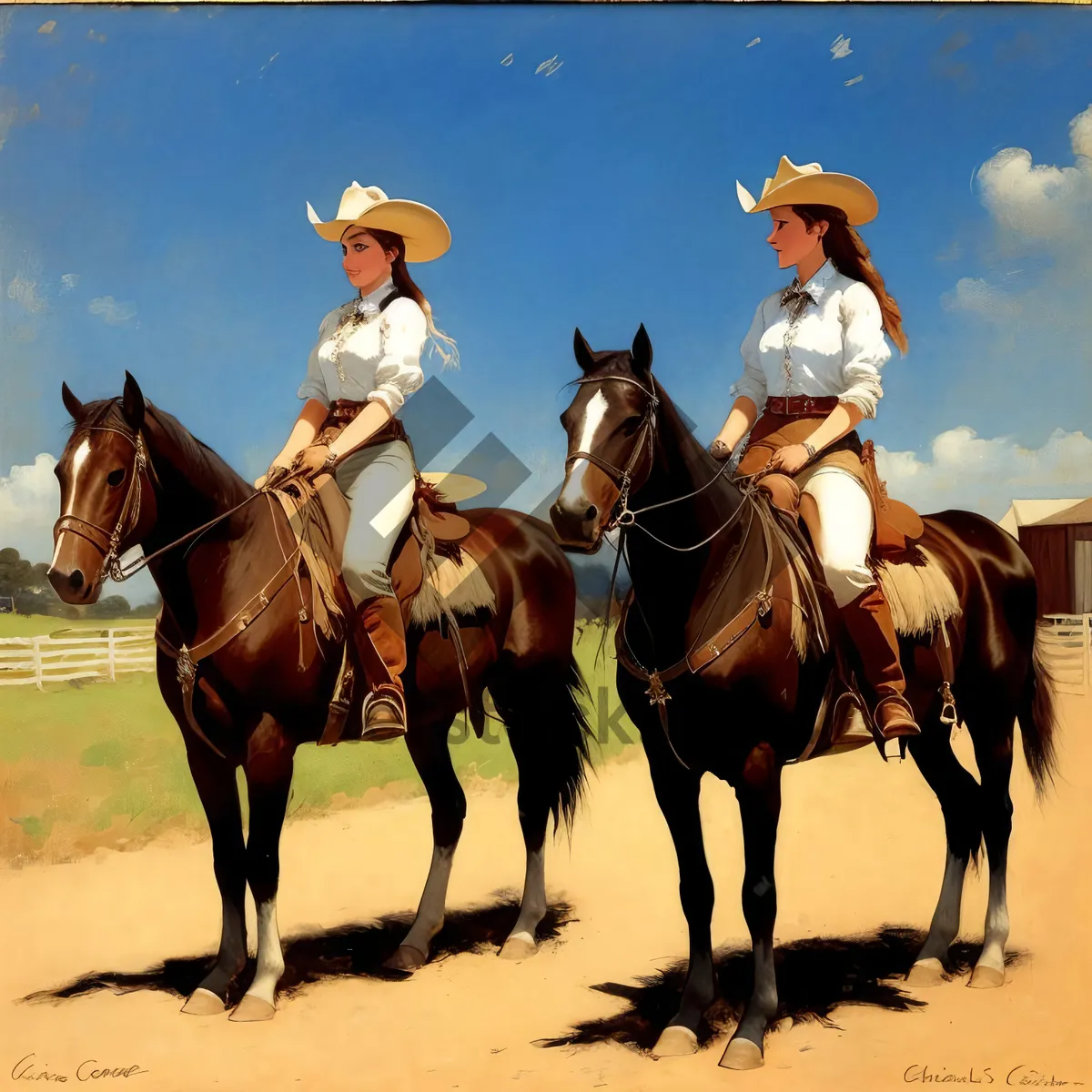 Picture of Brown Stallion Riding in Rural Horseback Ranch