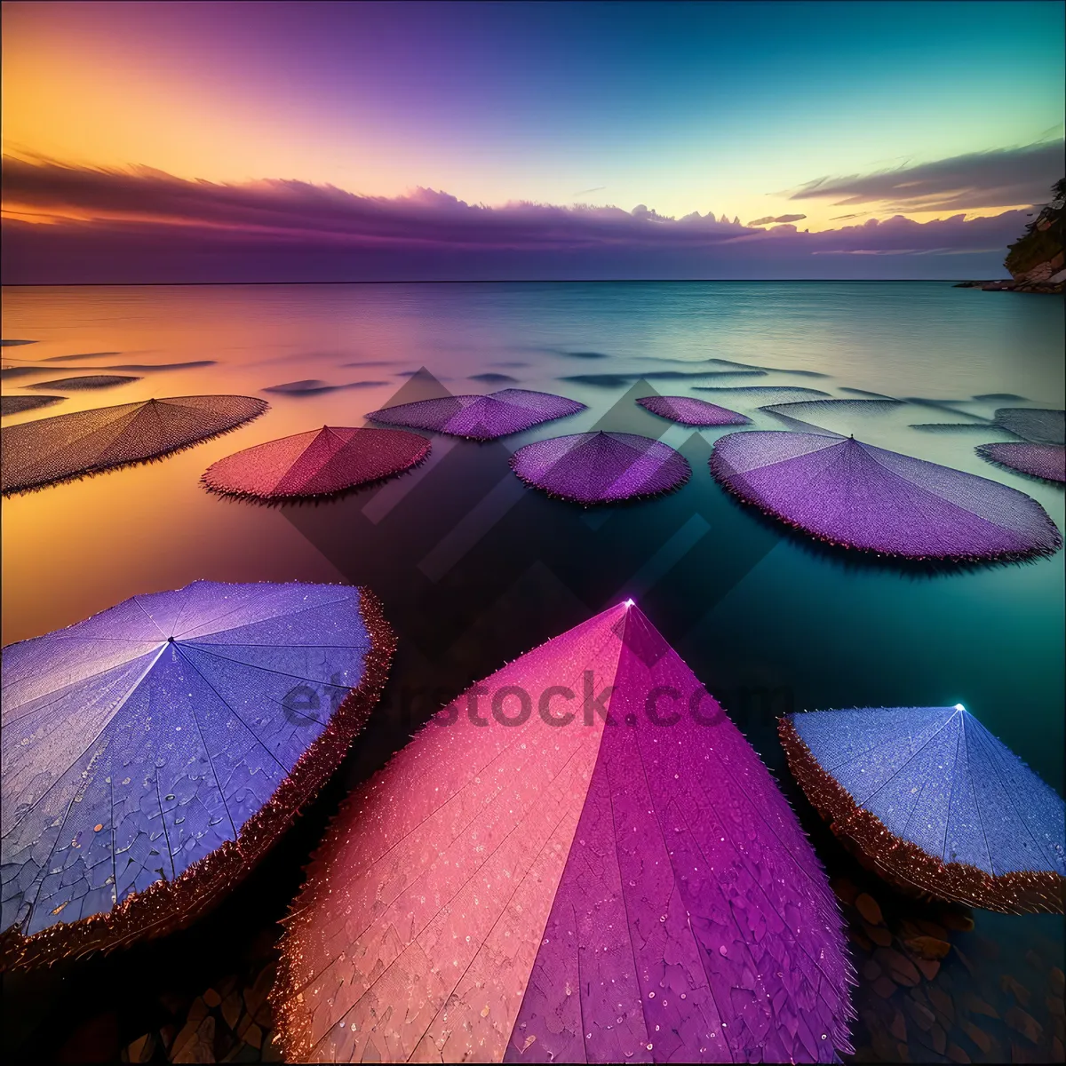 Picture of Serenity at Sunset: Tranquil Beachscape with Golden Sky