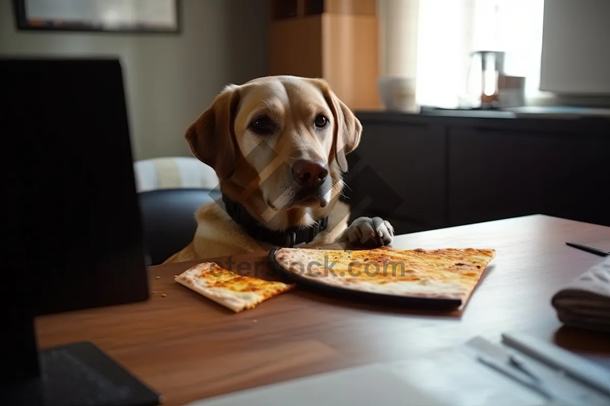 Picture of Cute beagle puppy with food bowl