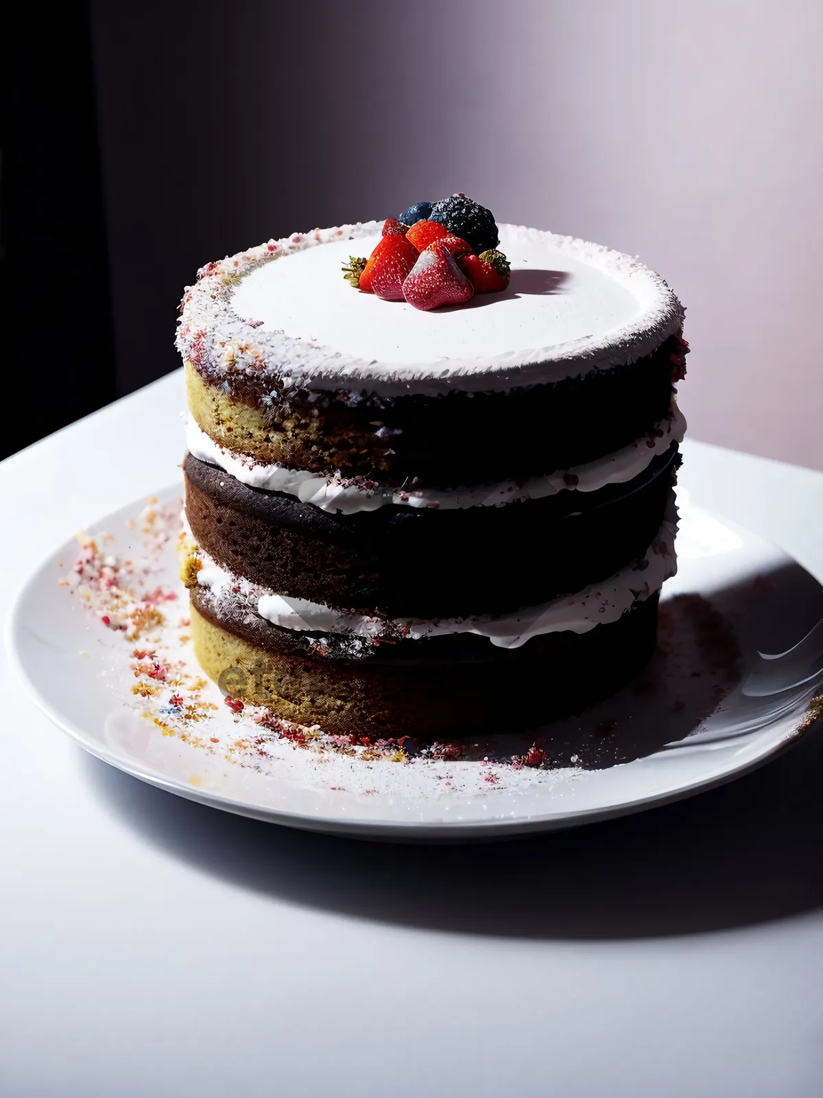 Picture of Delicious Fruit Cake with Chocolate Sauce and Fresh Berries