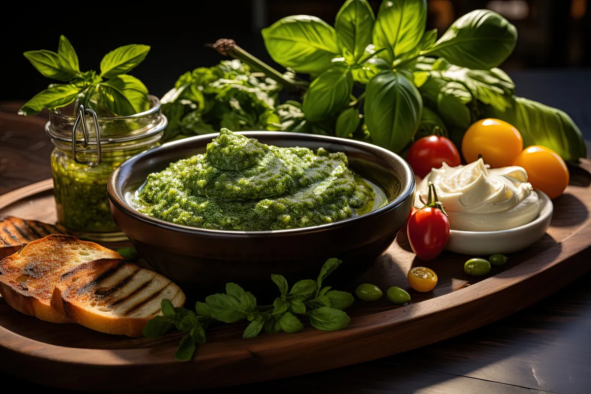 Picture of Fresh vegetable salad bowl with basil and tomato