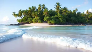 Tropical beach with palm trees and turquoise water.