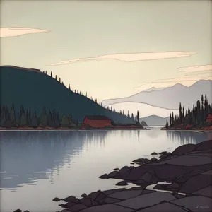 Serene Beach Waterscape with Boathouse and Mountains