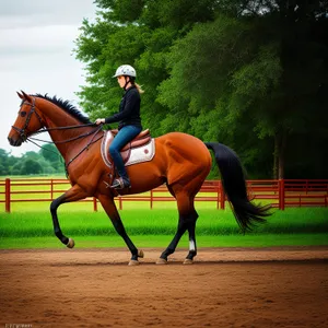 Thoroughbred stallion vaulting on grassy field.