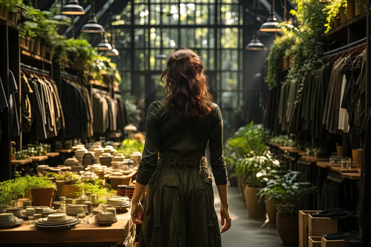 Picture of Attractive woman smiling in front of greenhouse structure