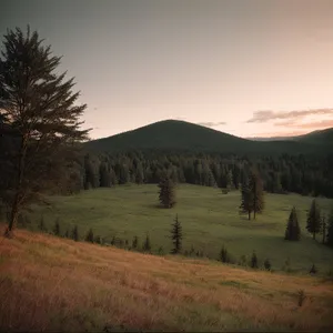 Picturesque Highland Mountain Landscape with Tree, Sky, and Grass