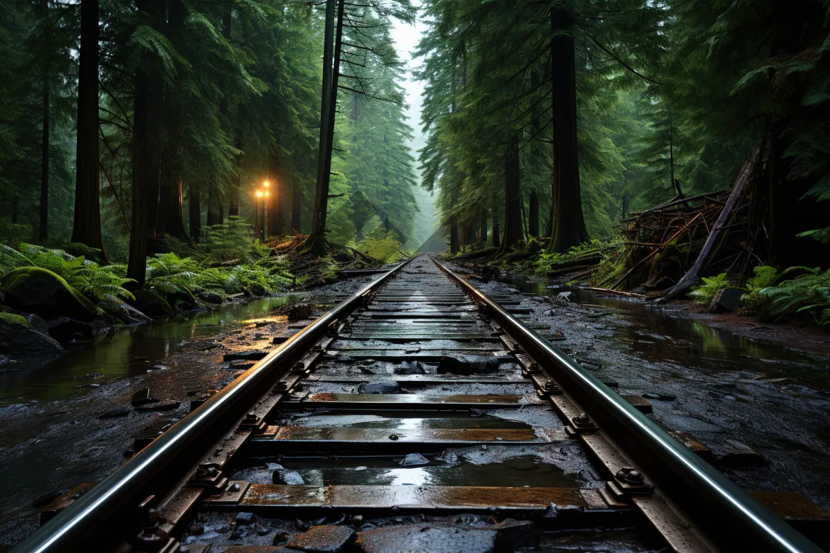 Picture of Steel railroad tracks through forested landscape with train.