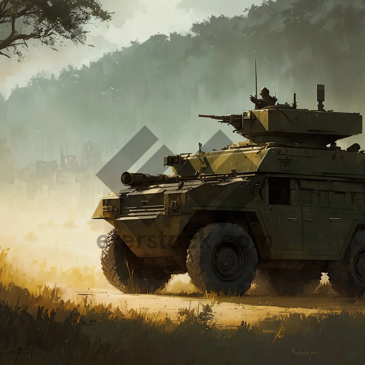 Picture of Armored Military Tank on Dirt Road