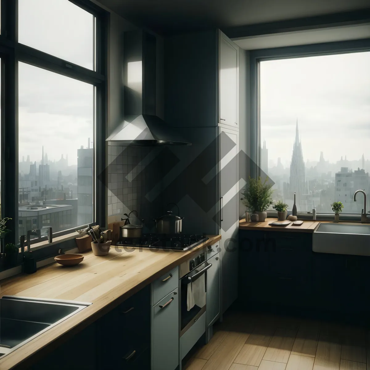 Picture of Modern kitchen with luxurious wood and stainless appliances