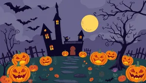 Silhouette of moonlit cemetery with pumpkin decorations