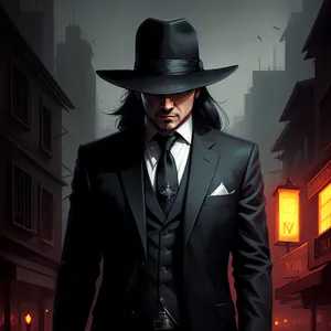 Stylish Businessman in Black Trench Coat and Cowboy Hat