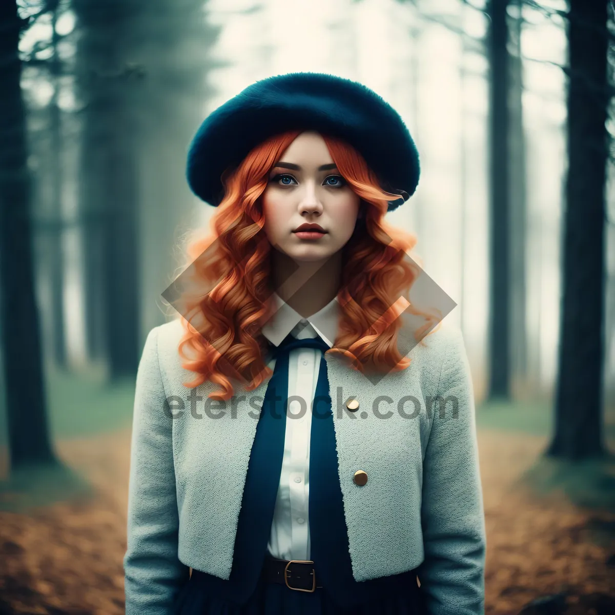 Picture of Happy brunette model in stylish hat smiling