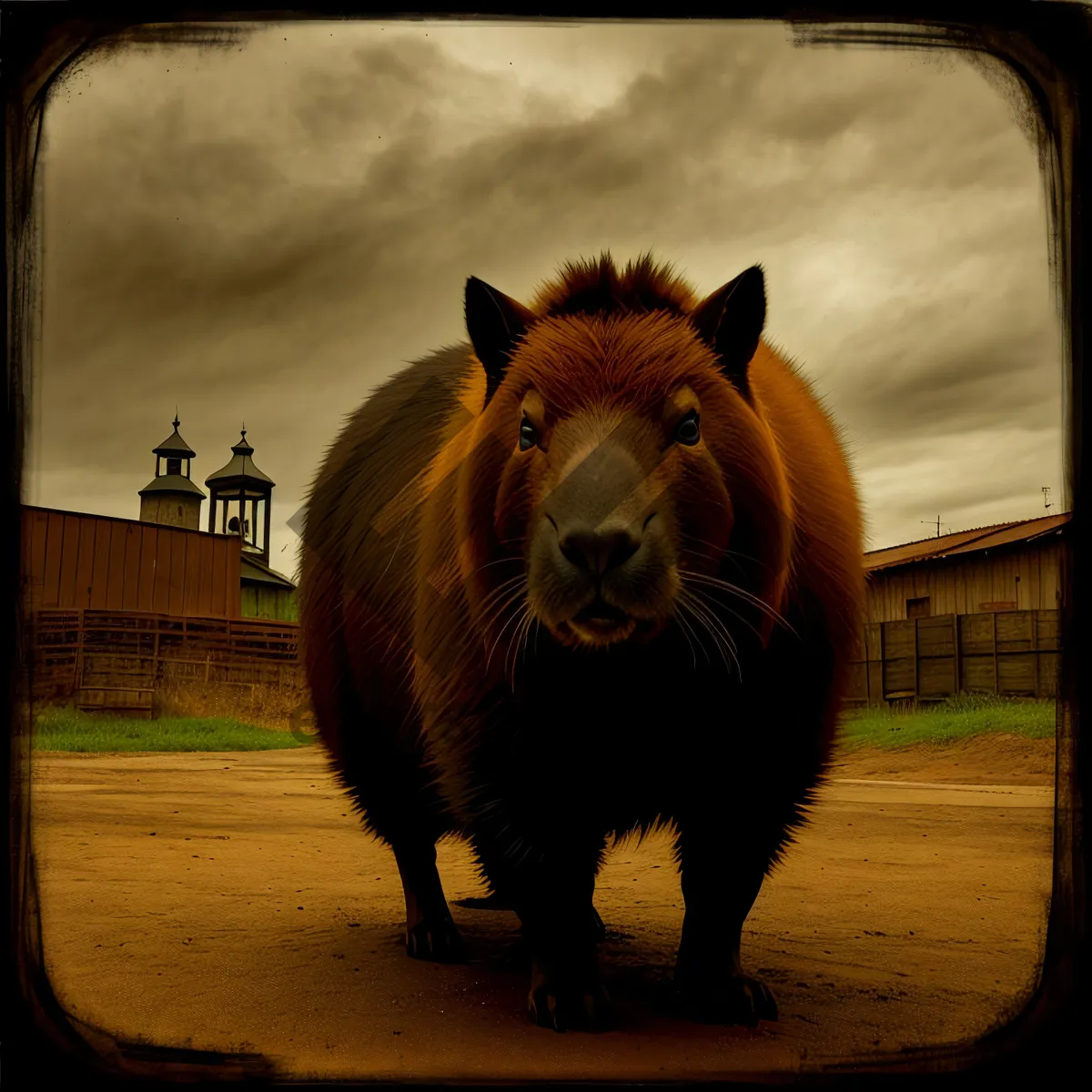 Picture of Brown Horse Grazing in Rural Ranch Field