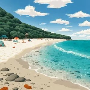 Sunny Beachside Getaway: Turquoise waves, sandy shore, and palm trees