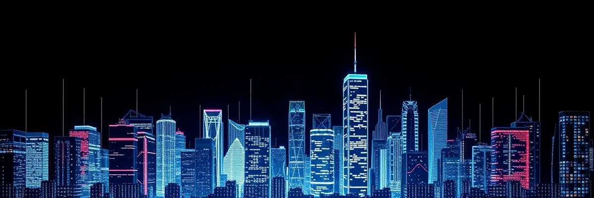 Picture of Modern city skyline at night with skyscrapers lit up.