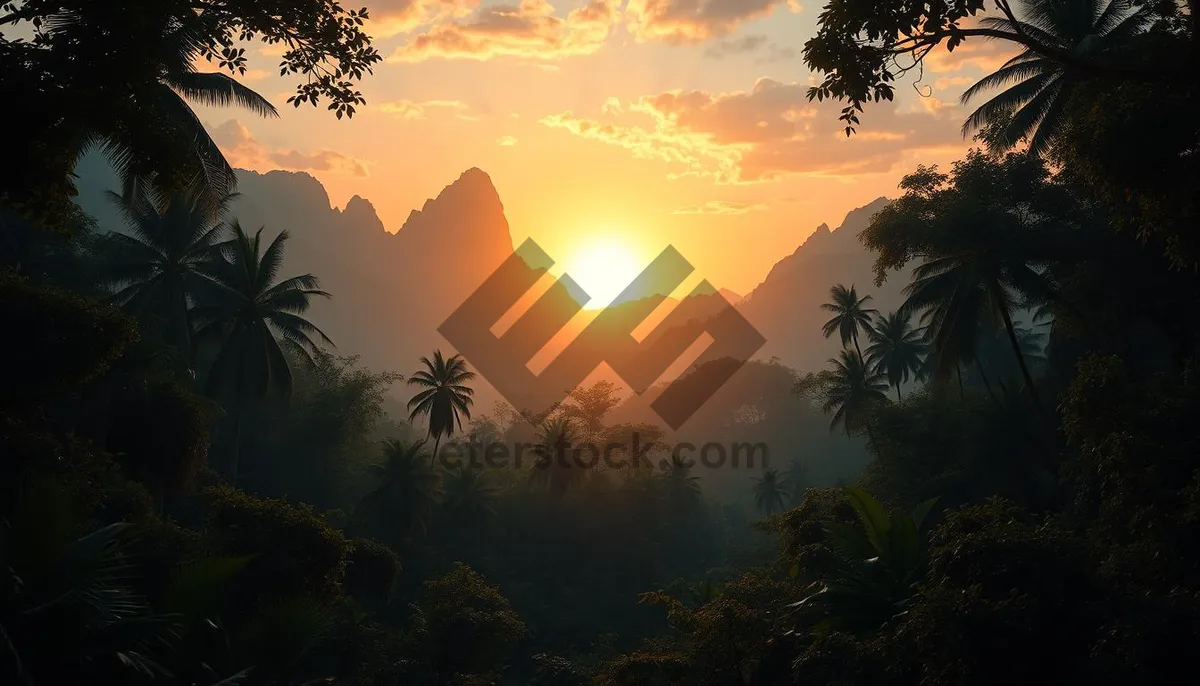 Picture of Silhouette sunset over ocean on tropical island beach.