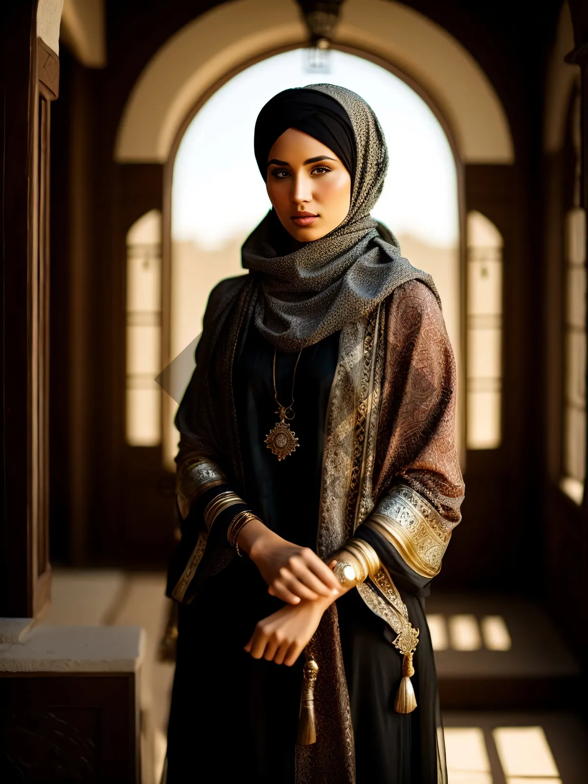 Picture of Attractive brunette model in fashionable coat and scarf smiling.