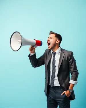 Attractive professional businesswoman holding a megaphone in suit