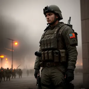 Soldier in Military Uniform with Helmet and Gun