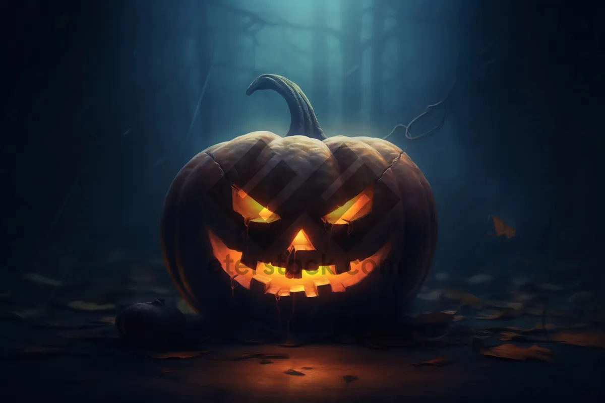 Picture of Spooky Halloween Jack-O'-Lantern with Candle Light Glow.