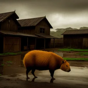 Wild Warthog Grazing in Rural Pasture