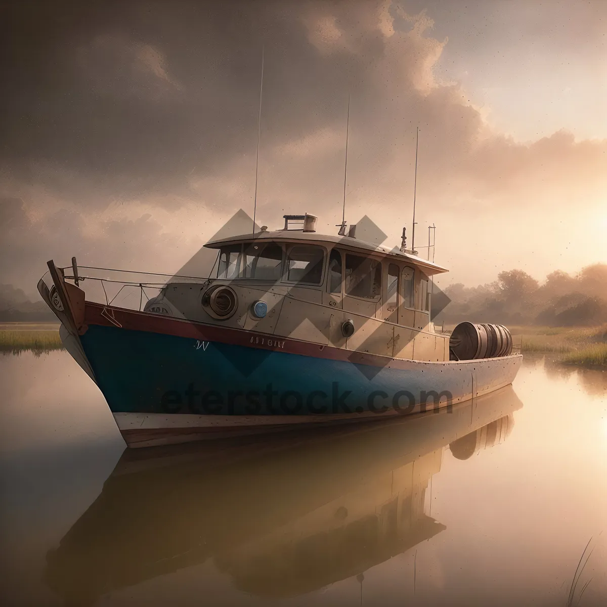 Picture of Serene Seascape – A Fisherman's Boat in the Marina