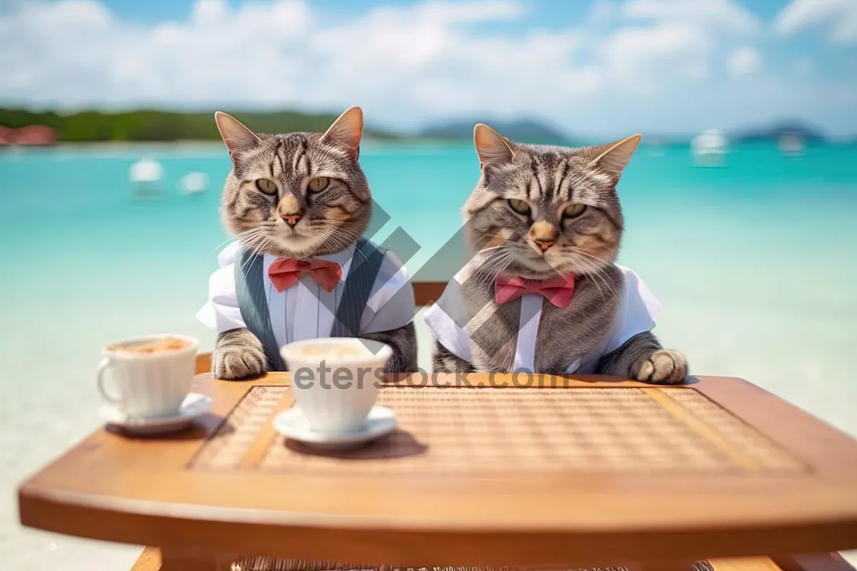 Picture of Adorable gray tabby cat sitting with notebook and cup