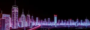 Modern city skyline with dark reflections on river